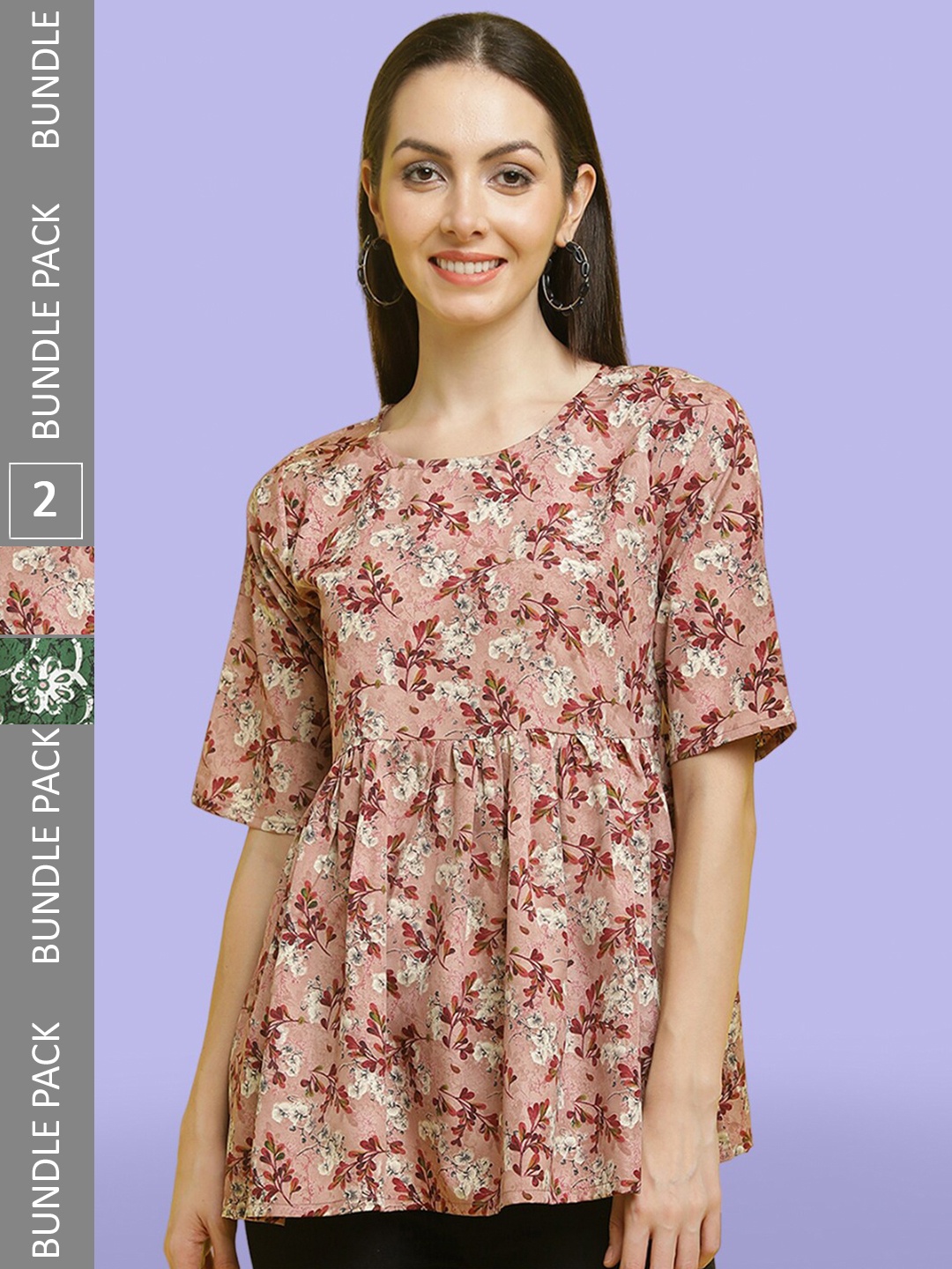 

Poshyaa Pack Of 2 Floral Print Pleated A-Line Tops, Peach