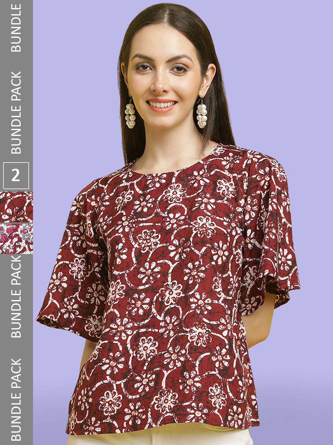 

Poshyaa Pack Of 2 Floral Print Flutter Sleeve Tops, Maroon