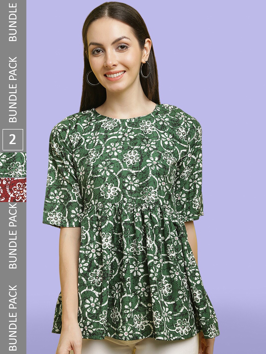 

Poshyaa Pack Of 2 Printed Flared Sleeve Crepe Top, Green
