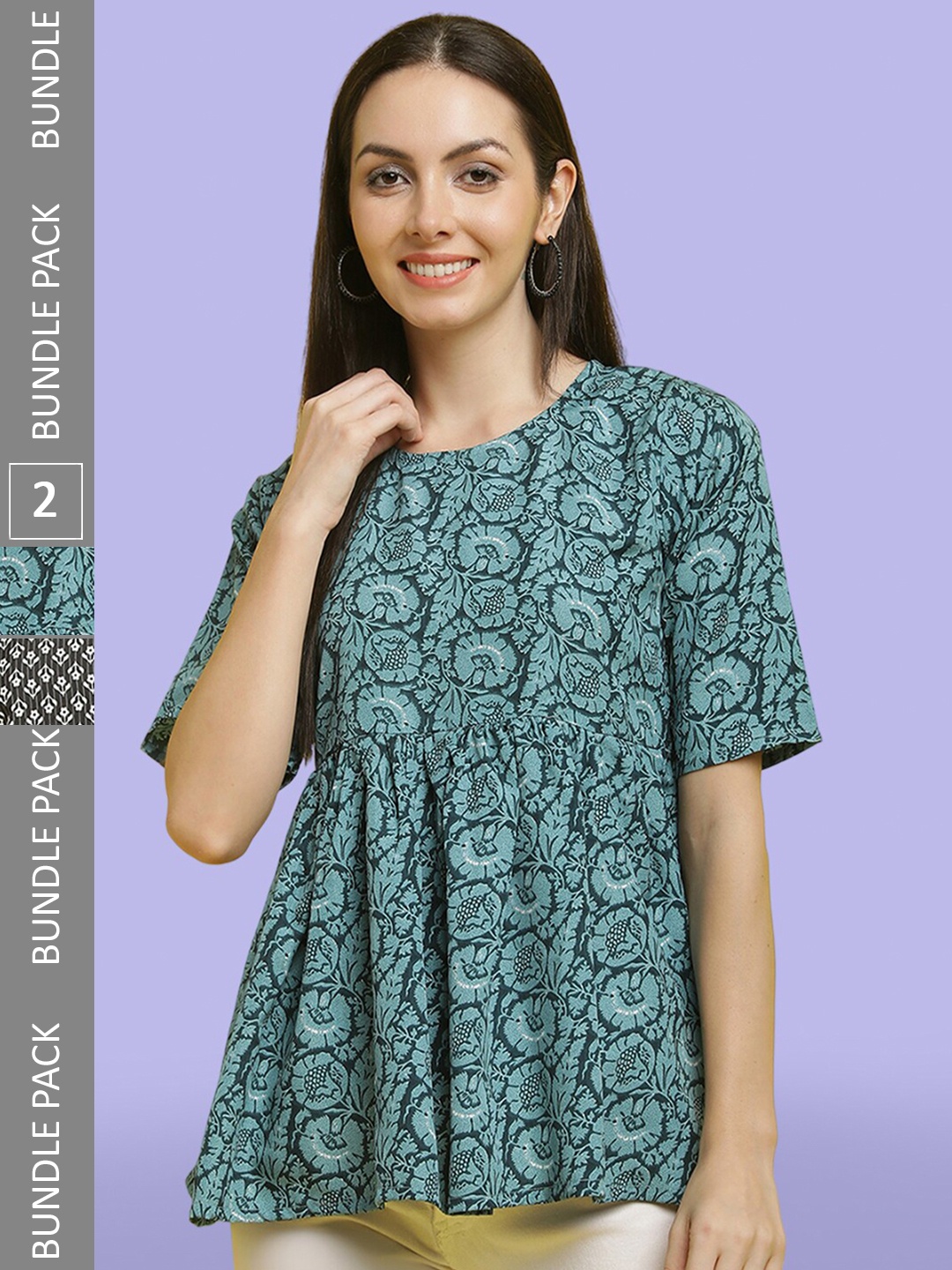

Poshyaa Pack Of 2 Geometric Printed Flutter Sleeve Crepe Top, Green