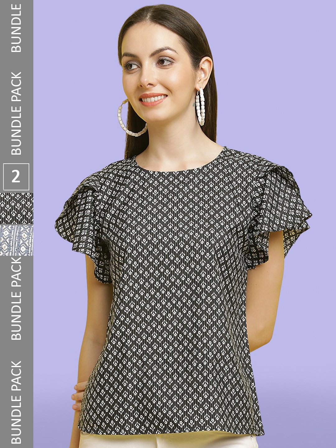 

Poshyaa Pack Of 2 Printed Flutter Sleeve Crepe Top, Black