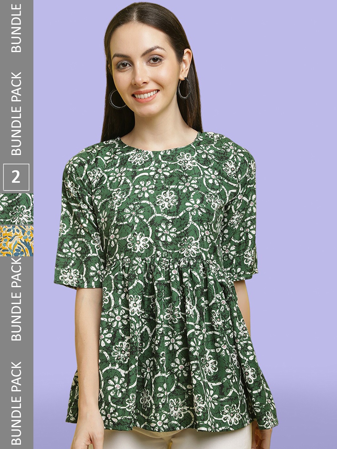 

Poshyaa Pack Of 2 Floral Printed Crepe Empire Top, Green
