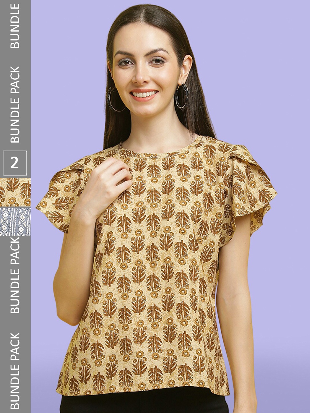 

Poshyaa Pack Of 2 Printed Flutter Sleeve Crepe Top, Mustard