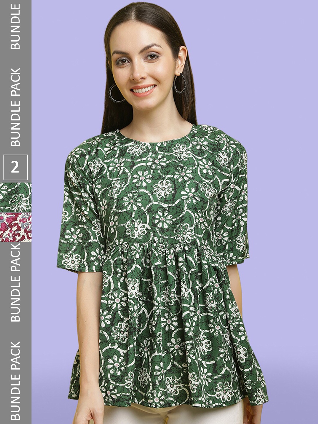 

Poshyaa Floral Printed Round Neck Crepe Top, Green