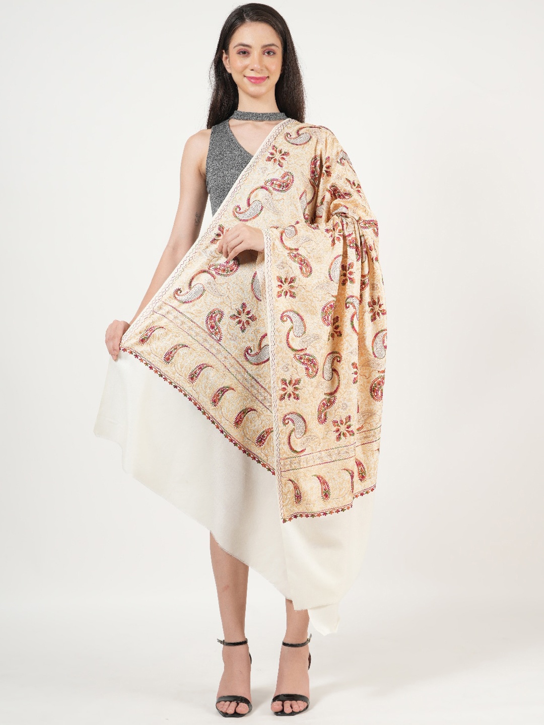 

MUFFLY Ethnic Motifs Embroidered Jaal With Swarovski Crystal Shawl, White
