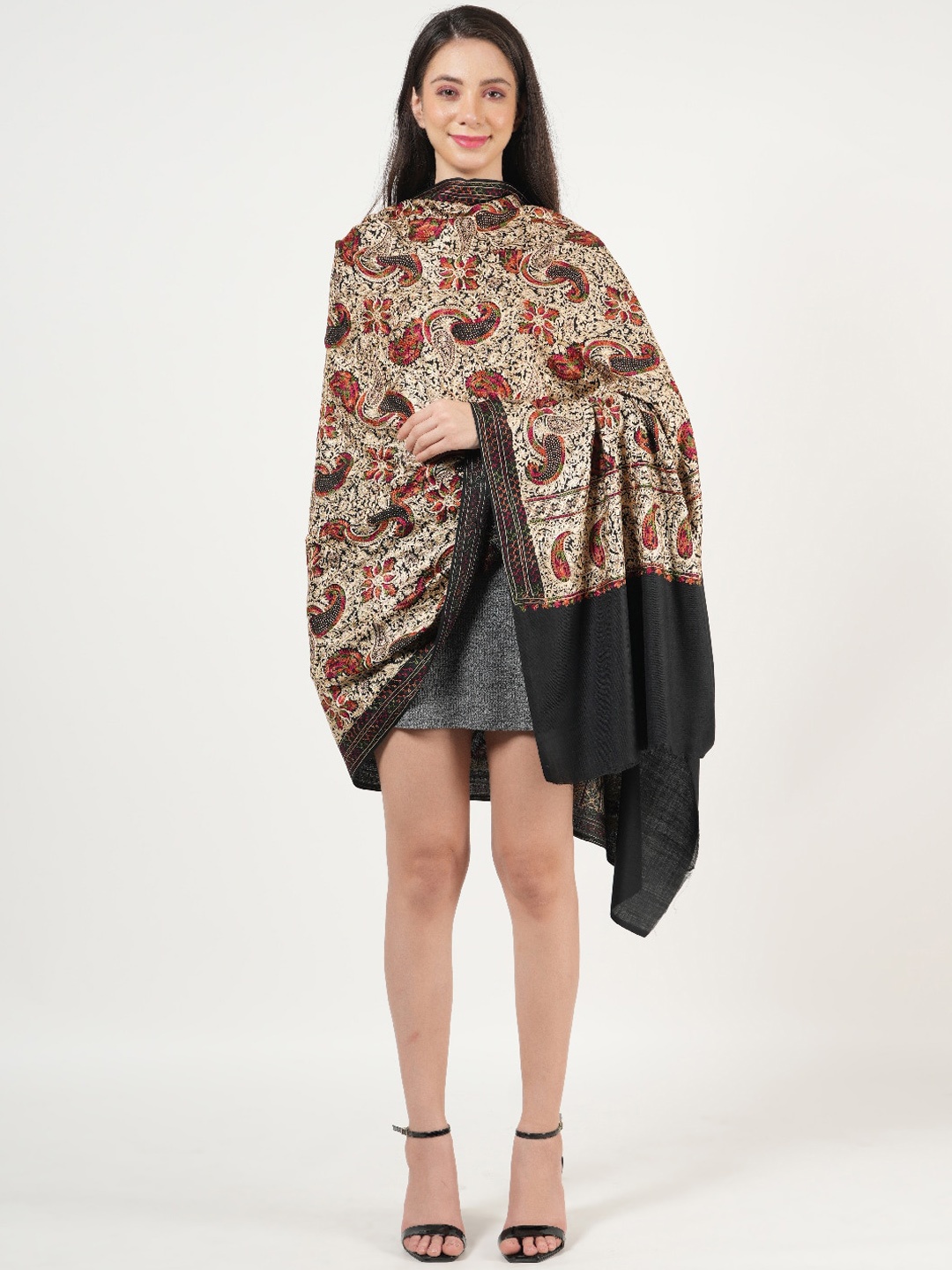 

MUFFLY Ethnic Motifs Embroidered Jaal With Swarovski Crystal Pure Woollen Shawl, Black