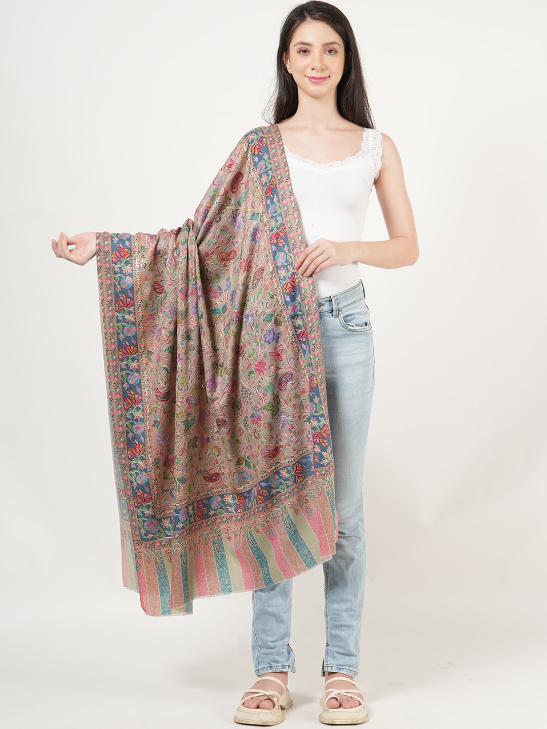 

MUFFLY Floral Kalamkari Printed Pure Woollen Shawl, Beige