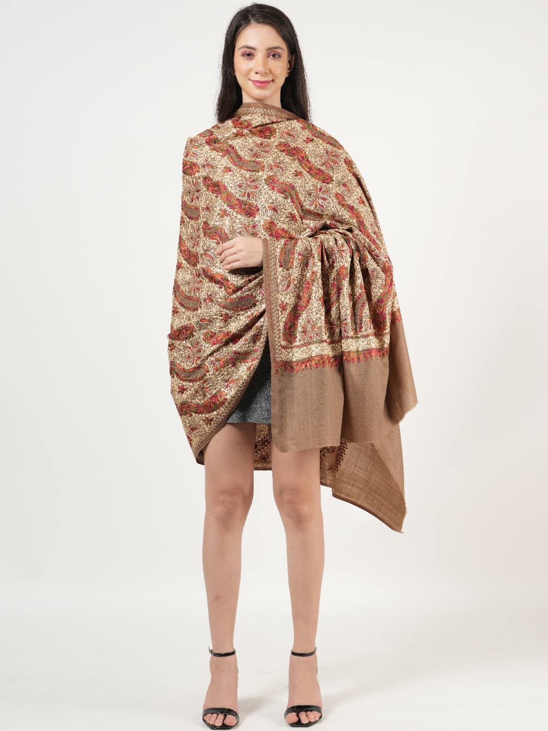 

MUFFLY Ethnic Motifs Embroidered Jaal With Swarovski Crystal Pure Woollen Shawl, Beige