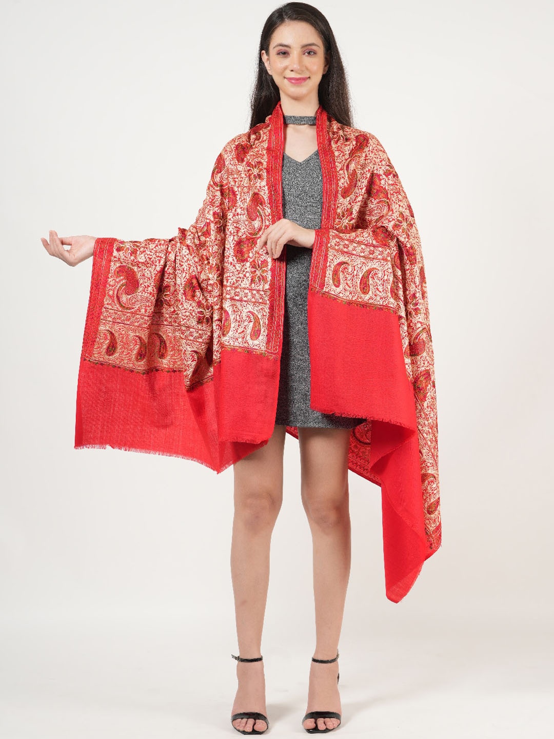 

MUFFLY Ethnic Motifs Embroidered Jaal With Swarovski Crystal Pure Woollen Shawl, Red