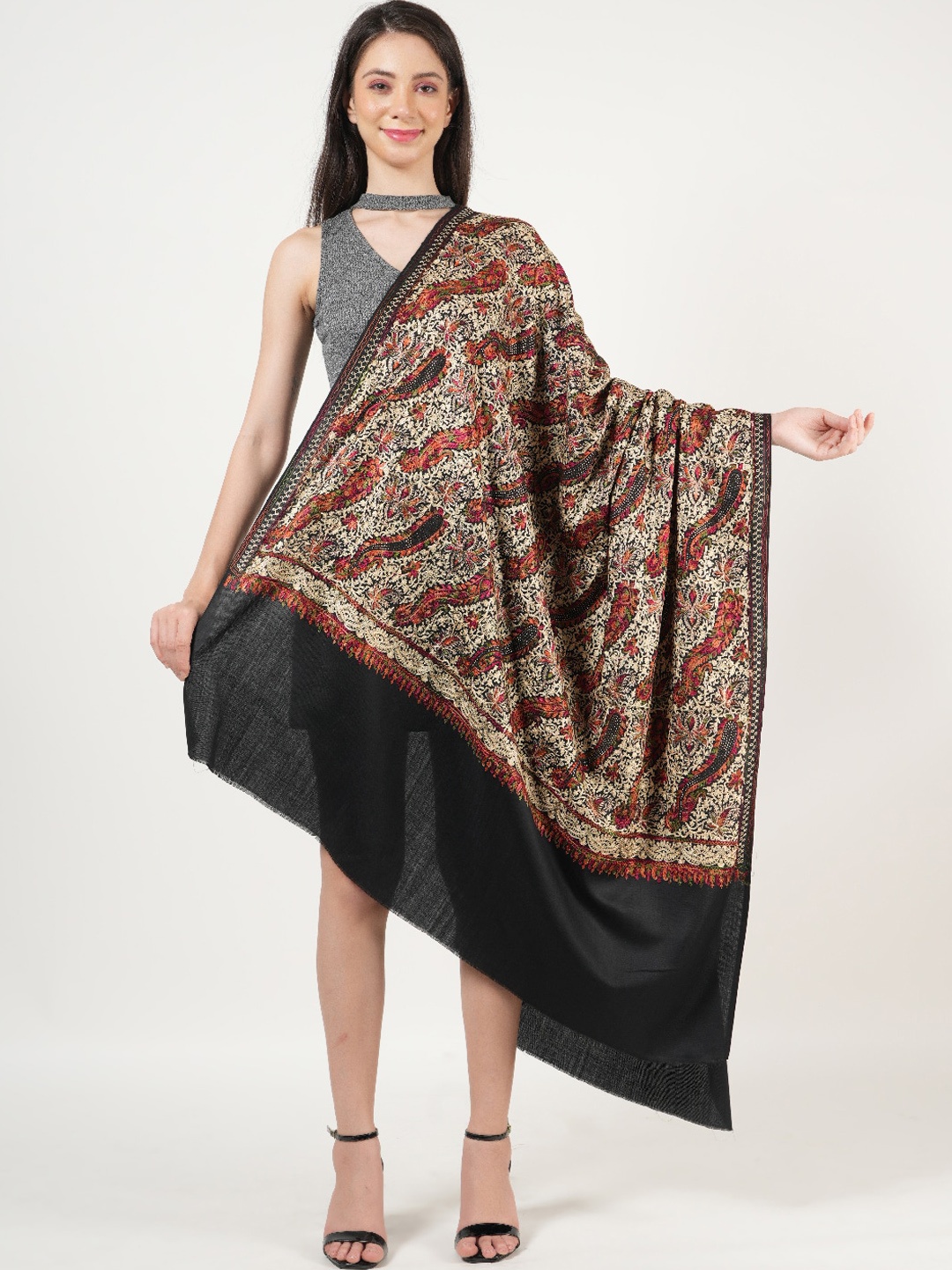 

MUFFLY Ethnic Motifs Embroidered Jaal With Swarovski Crystal Pure Woollen Shawl, Black
