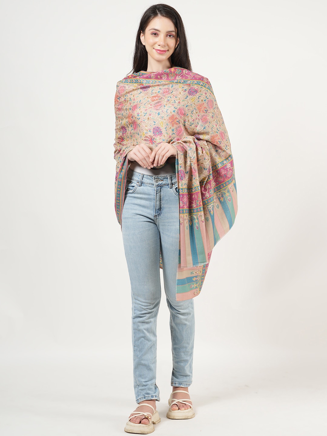 

MUFFLY Kalamkari Printed Pure Woollen Shawl, Beige