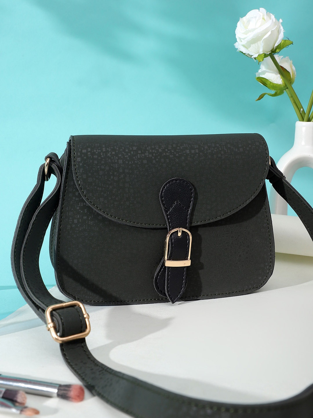 

LEGAL BRIBE Geometric Printed Buckle Detail Sling Bag, Black