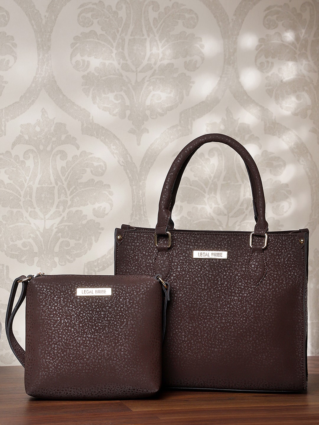 

LEGAL BRIBE Textured PU Structured Handheld Bag With Sling Bag, Brown