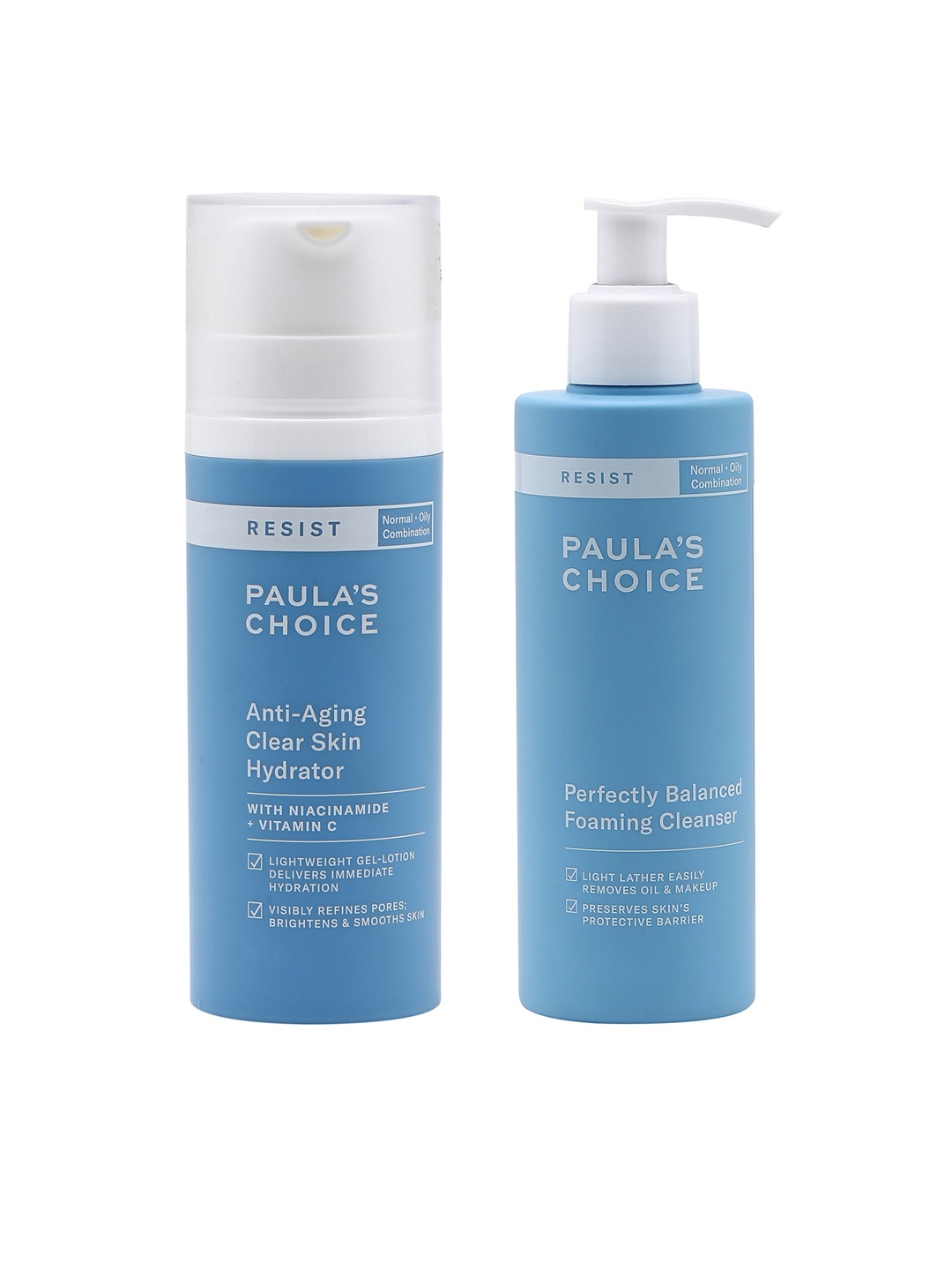 

Paulas Choice Set of Perfectly Balanced Foaming Cleanser + Anti-Aging Clear Skin Hydrator, Blue