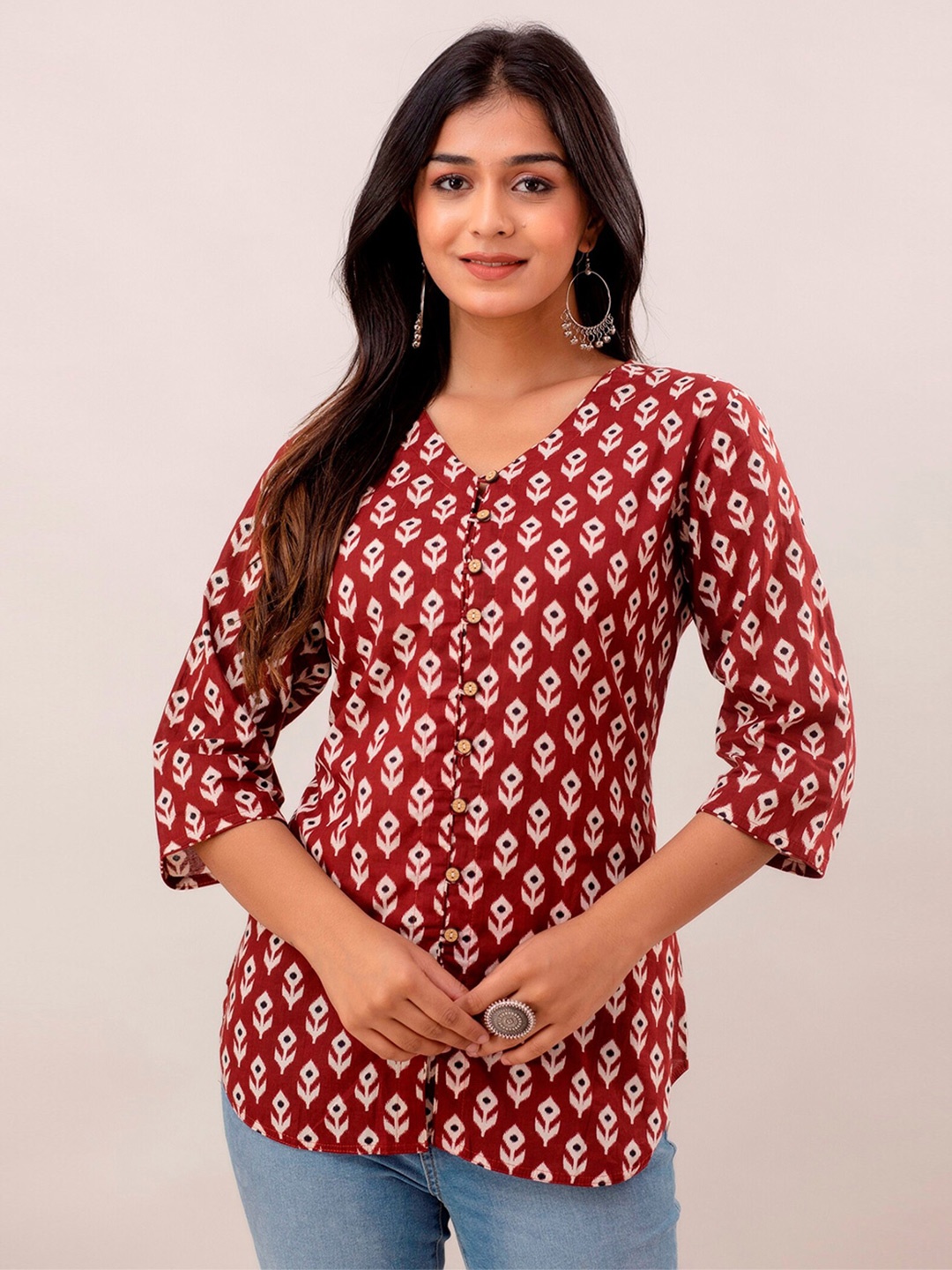 

METRO-FASHION Print Ethnic Cotton Top, Maroon