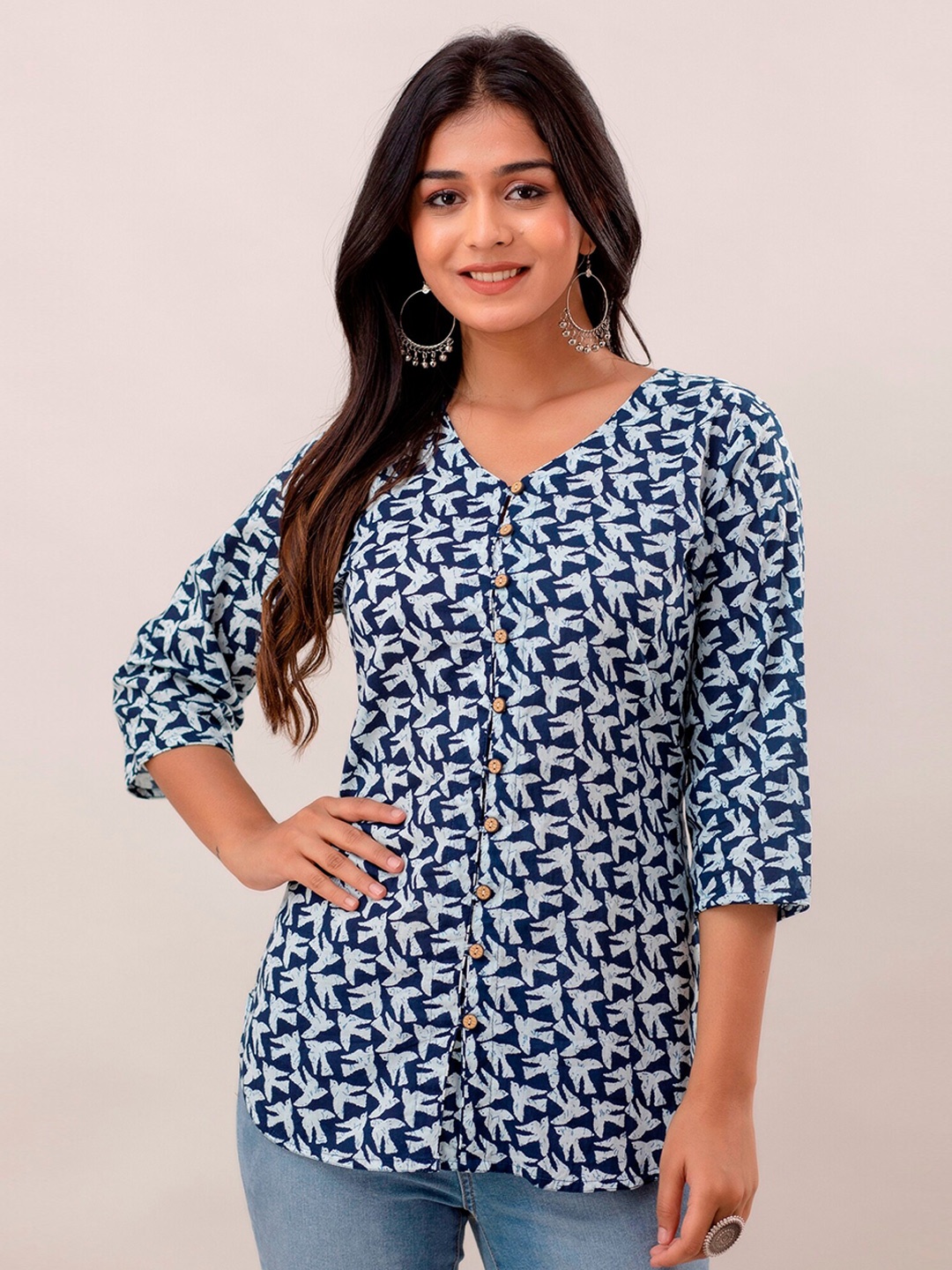 

METRO-FASHION Conversational Printed Cotton Top, Blue