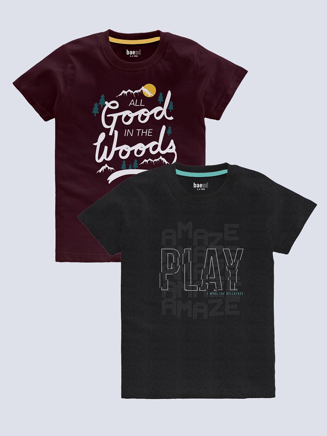 

BAESD Boys Pack Of 2 Typography Printed Round Neck Casual knitted T-shirts, Burgundy