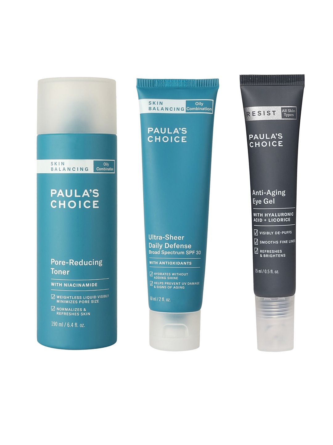 

Paulas Choice Pore Reducing Toner+Ultra Sheer Day Cream+Anti Ageing Eye Gel, Blue