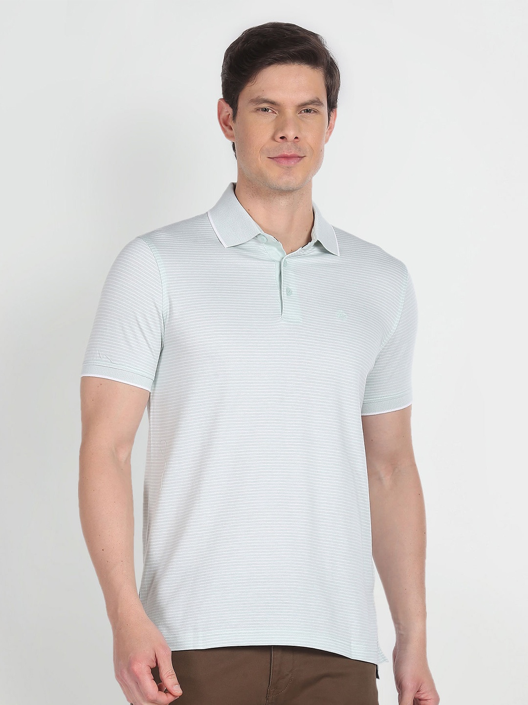 

Arrow Striped Polo Collar Pure Cotton T-shirt, Green