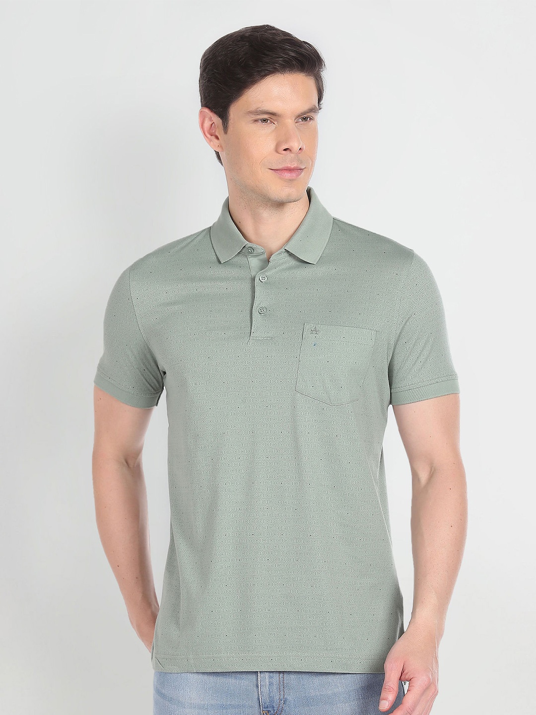 

Arrow Geometric Printed Polo Collar Pure Cotton T-shirt, Green