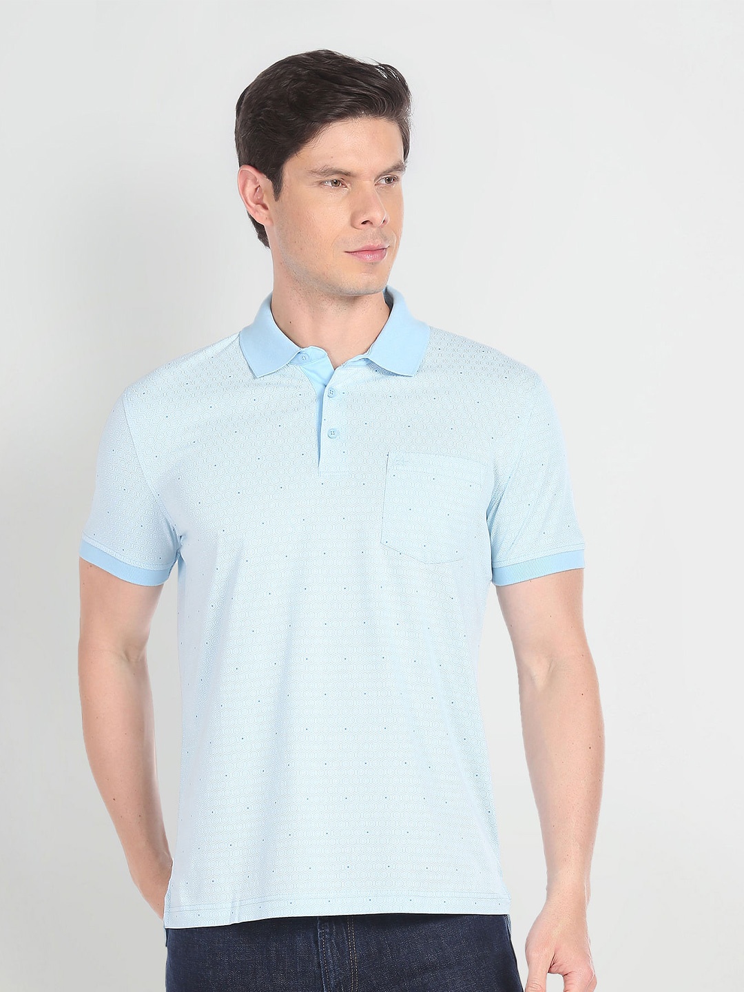 

Arrow Geometric Printed Polo Collar Pure Cotton T-shirt, Blue