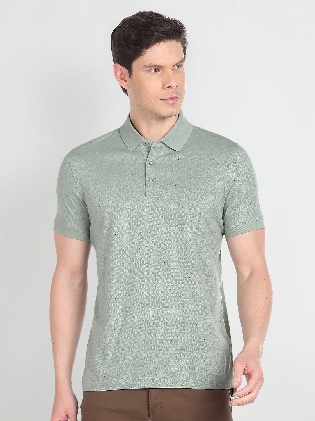 

Arrow Geometric Printed Polo Collar Pure Cotton T-shirt, Green