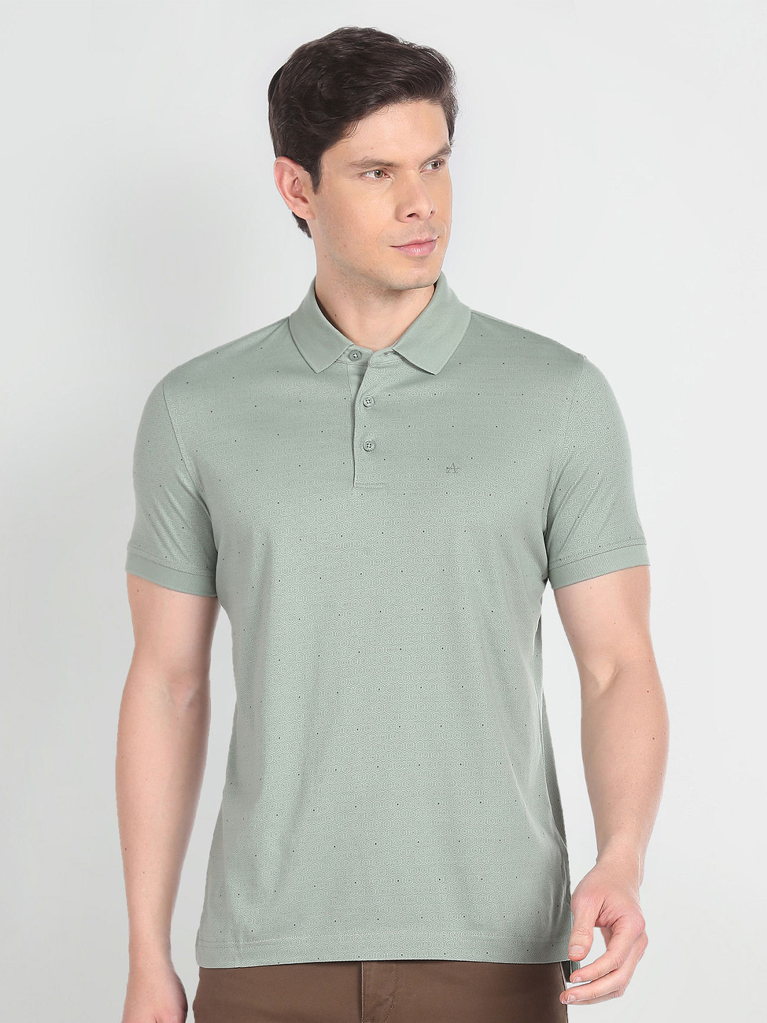 

Arrow Geometric Printed Polo Collar Pure Cotton T-shirt, Green