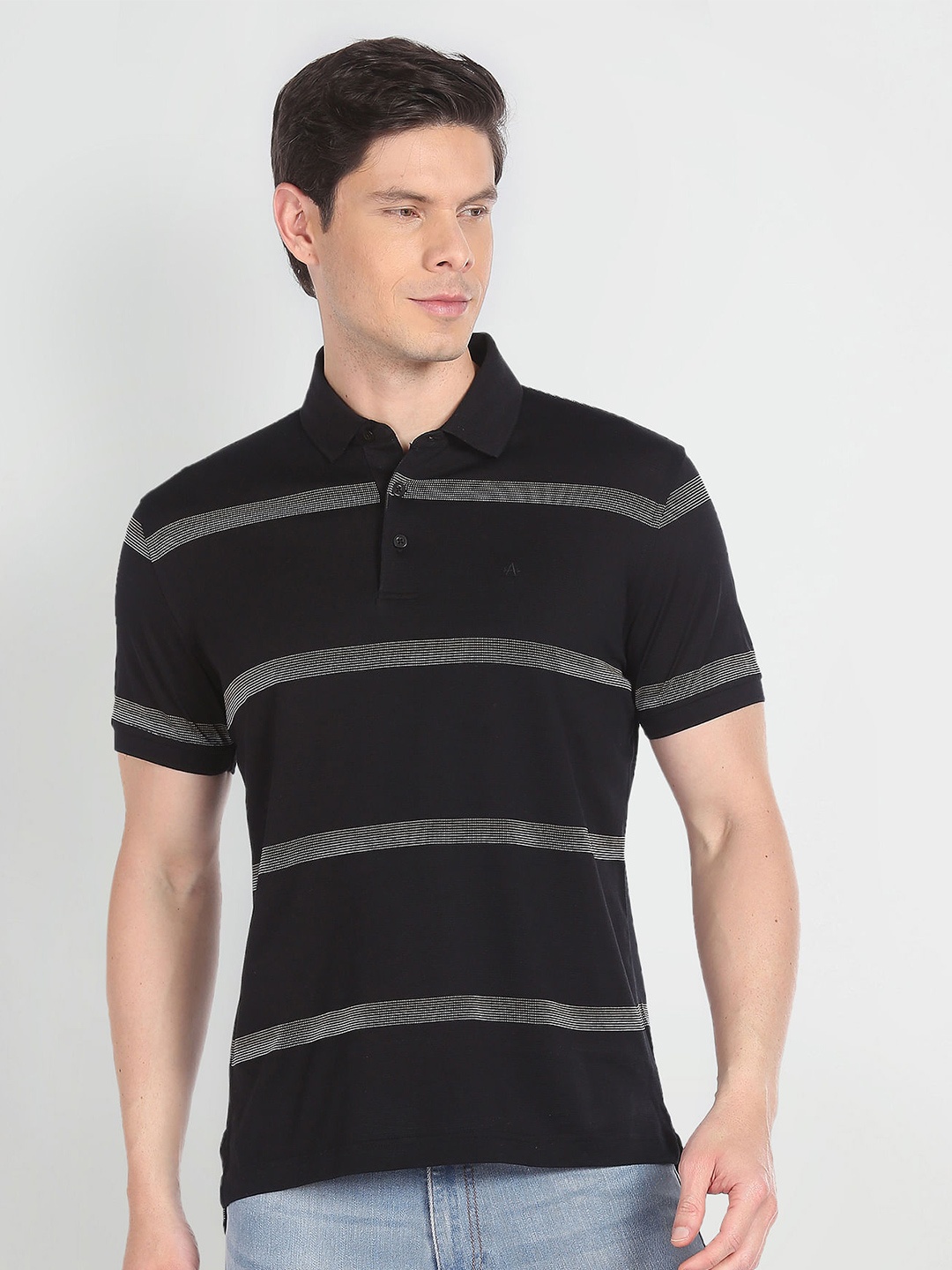 

Arrow Striped Polo Collar Pure Cotton T-shirt, Black