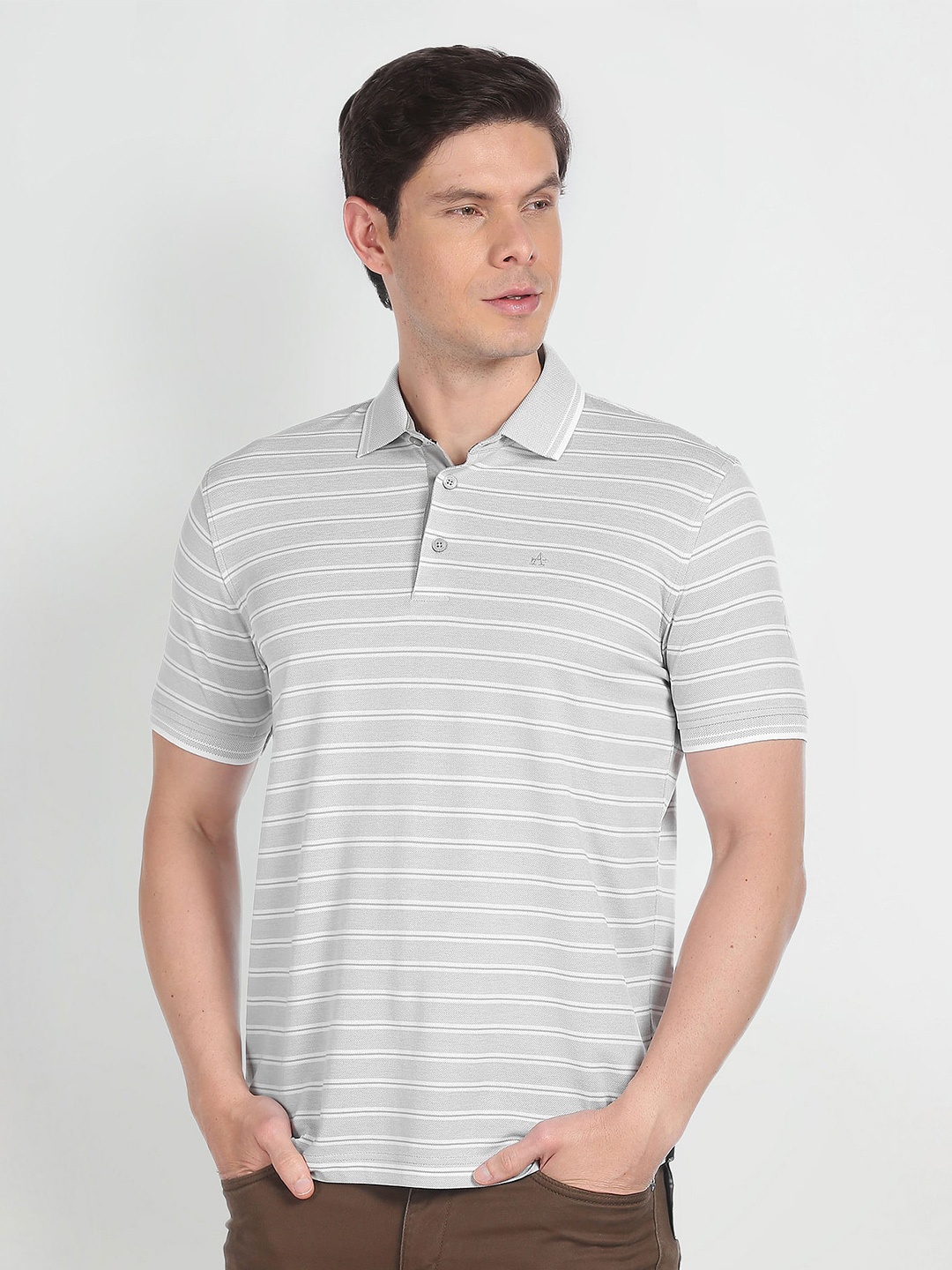 

Arrow Striped Polo Collar Cotton T-shirt, Grey