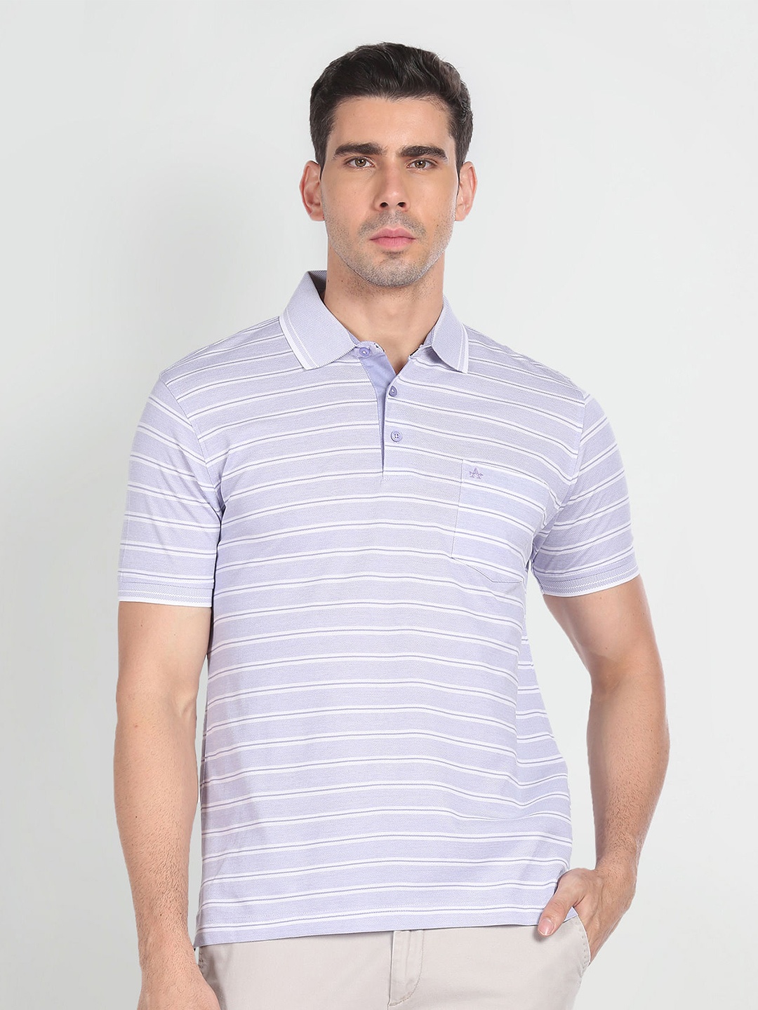 

Arrow Striped Polo Collar Pure Cotton T-shirt, Purple