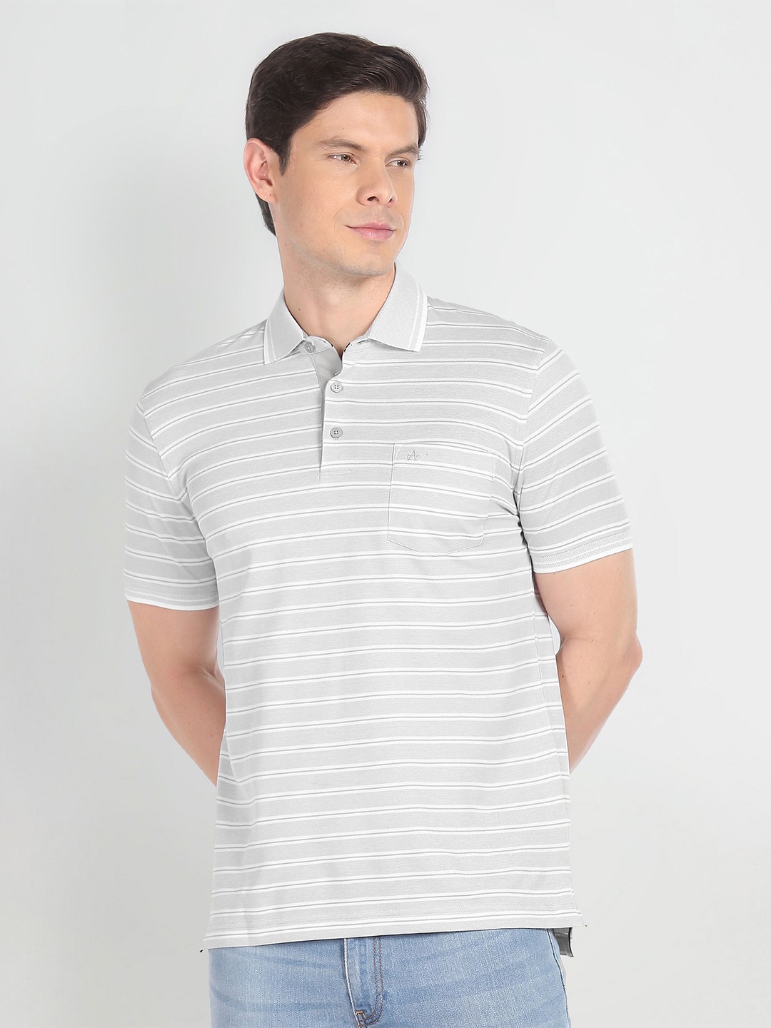 

Arrow Striped Polo Collar Pockets Pure Cotton T-shirt, Grey