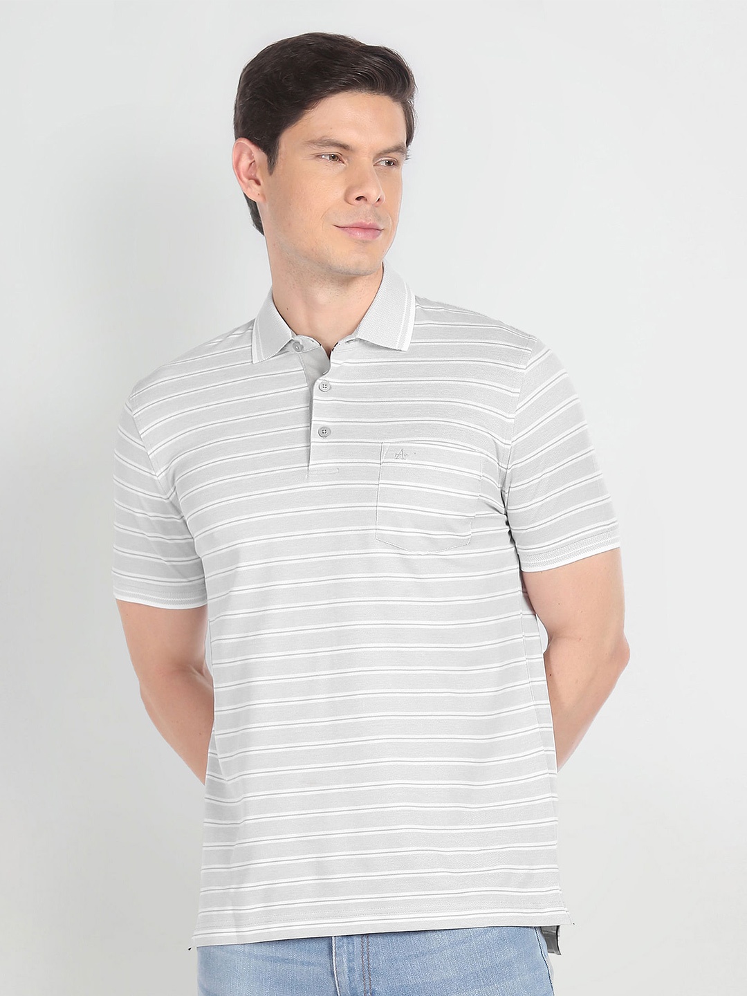 

Arrow Striped Polo Collar Cotton T-shirt, Grey