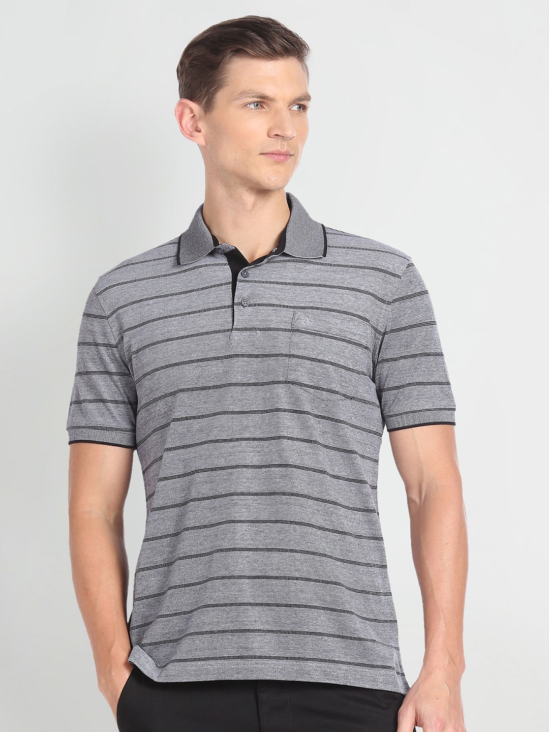 

Arrow Striped Polo Collar Pure Cotton T-shirt, Grey