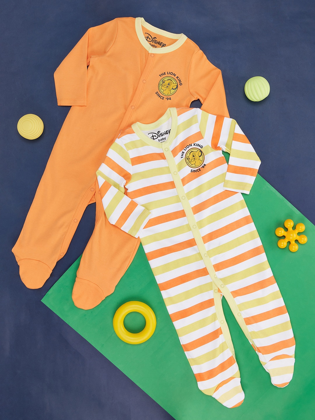 

Pantaloons Baby Infants Boys Pack Of 2 Striped Cotton Sleepsuits, Orange