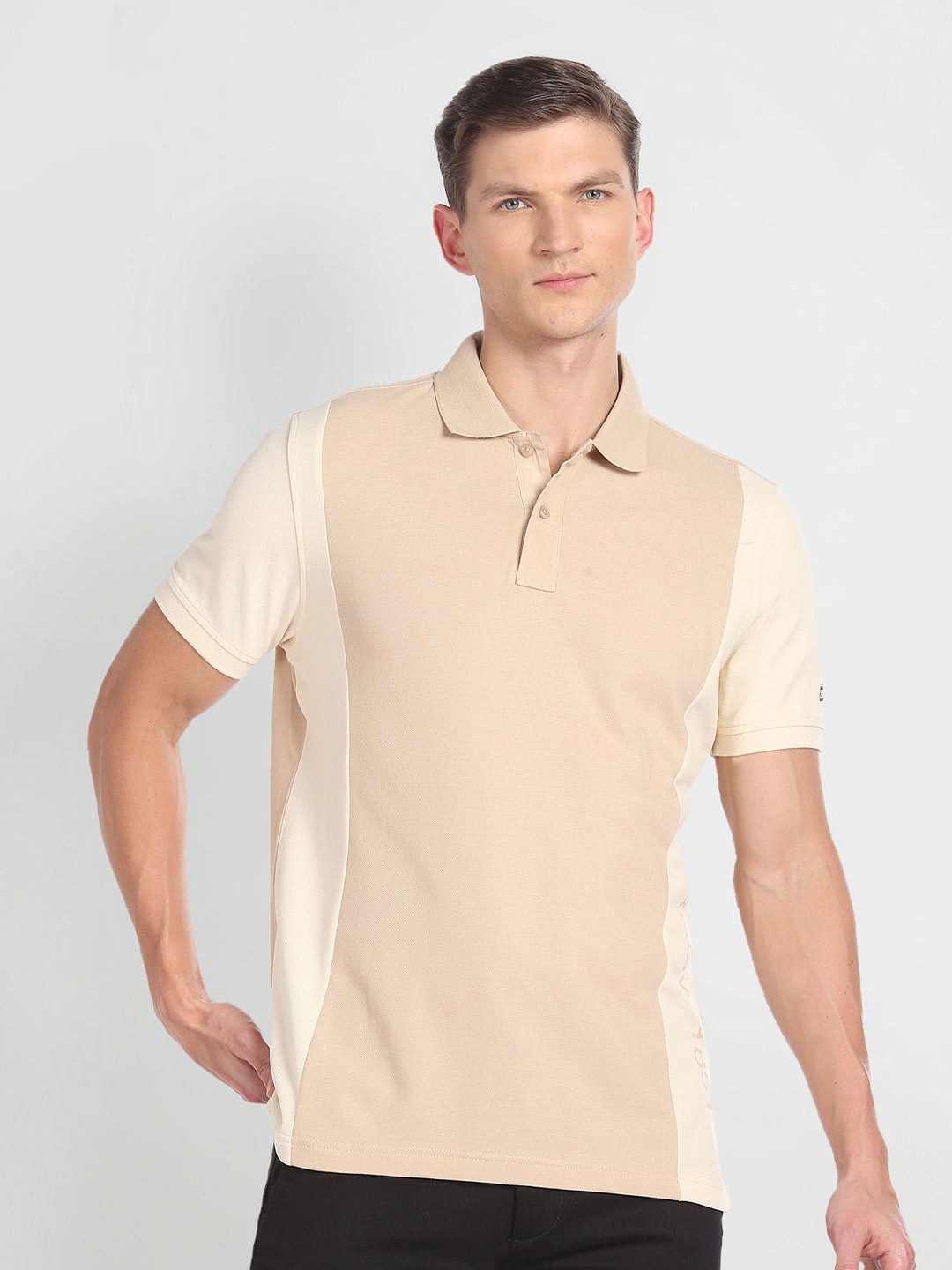 

Arrow Sport Colourblocked Polo Collar Pure Cotton T-shirt, Beige