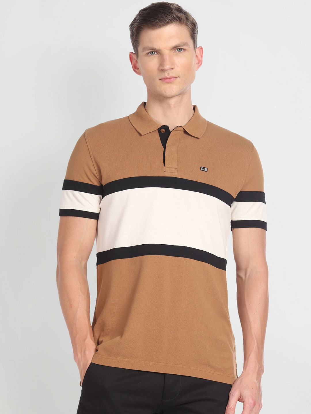 

Arrow Sport Colourblocked Polo Collar Pure Cotton T-shirt, Brown