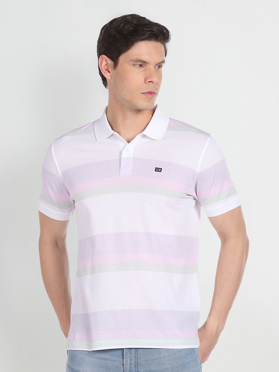 

Arrow Sport Striped Polo Collar Pure Cotton T-shirt, White