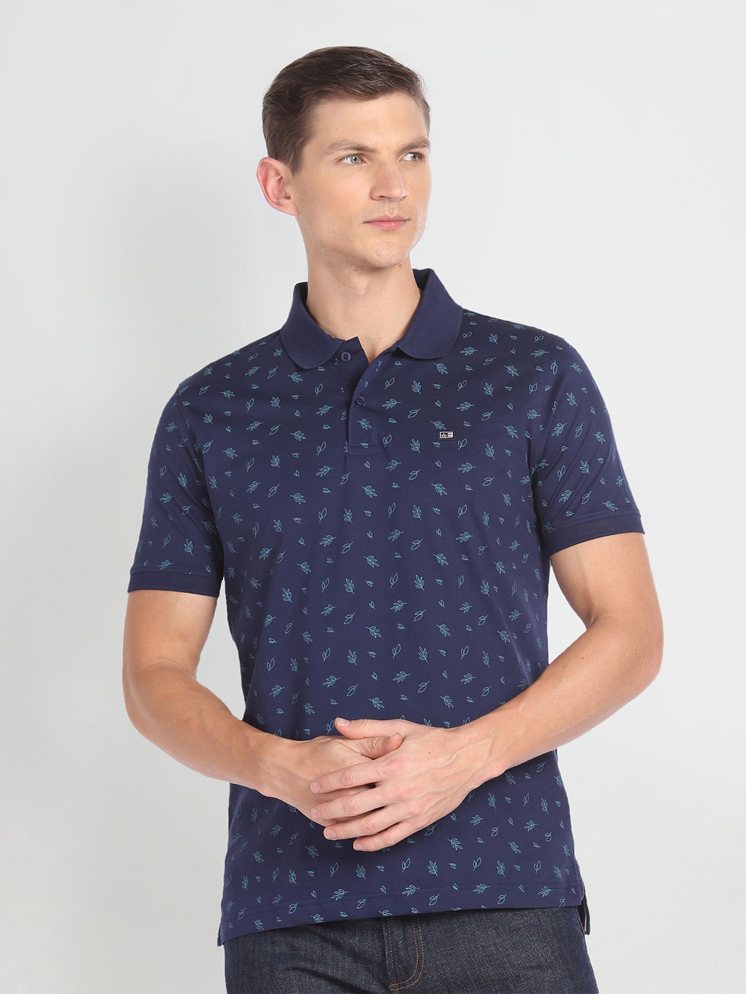 

Arrow Sport Floral Printed Polo Collar Pure Cotton T-shirt, Blue