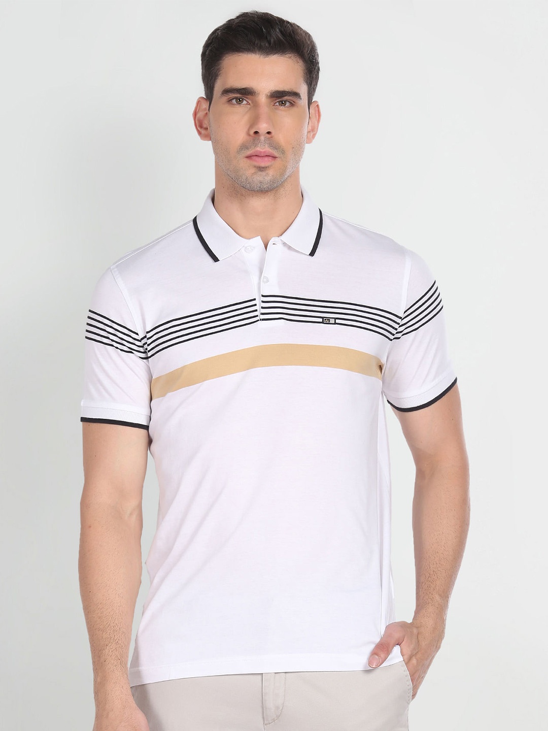 

Arrow Sport Striped Polo Collar Pure Cotton T-shirt, White