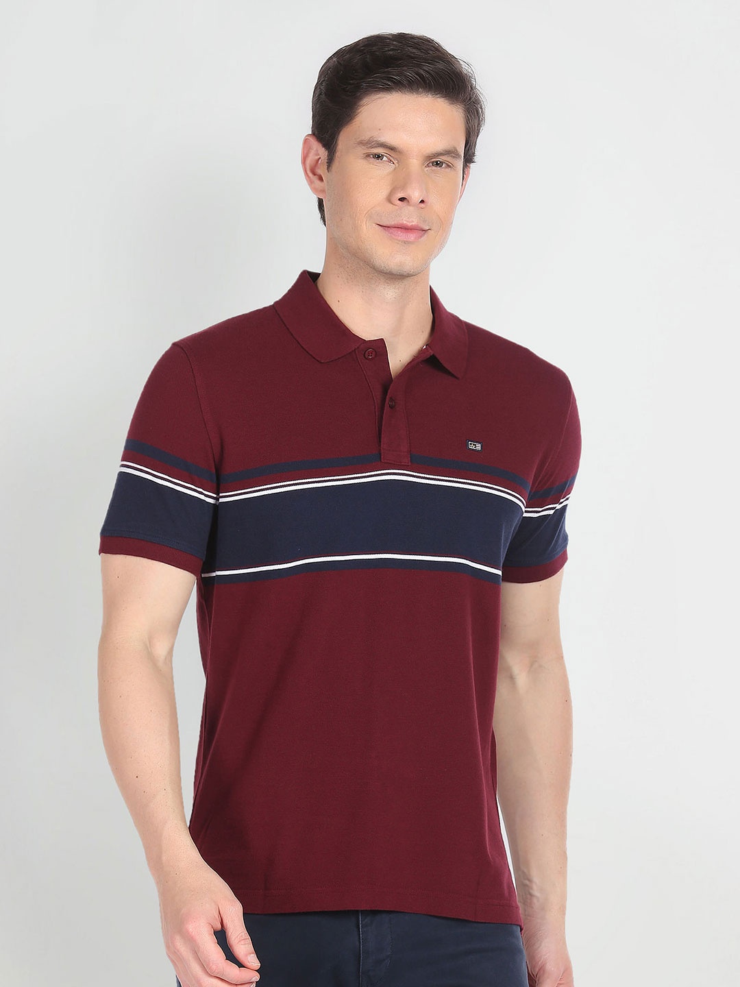 

Arrow Sport Striped Polo Collar Pure Cotton T-shirt, Maroon