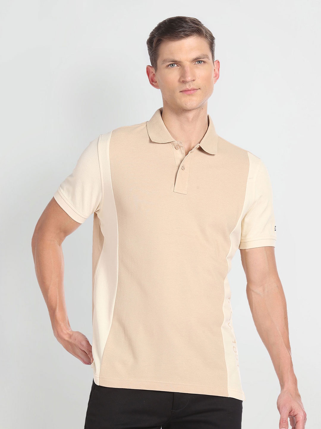 

Arrow Sport Colourblocked Polo Collar Pure Cotton T-shirt, Beige