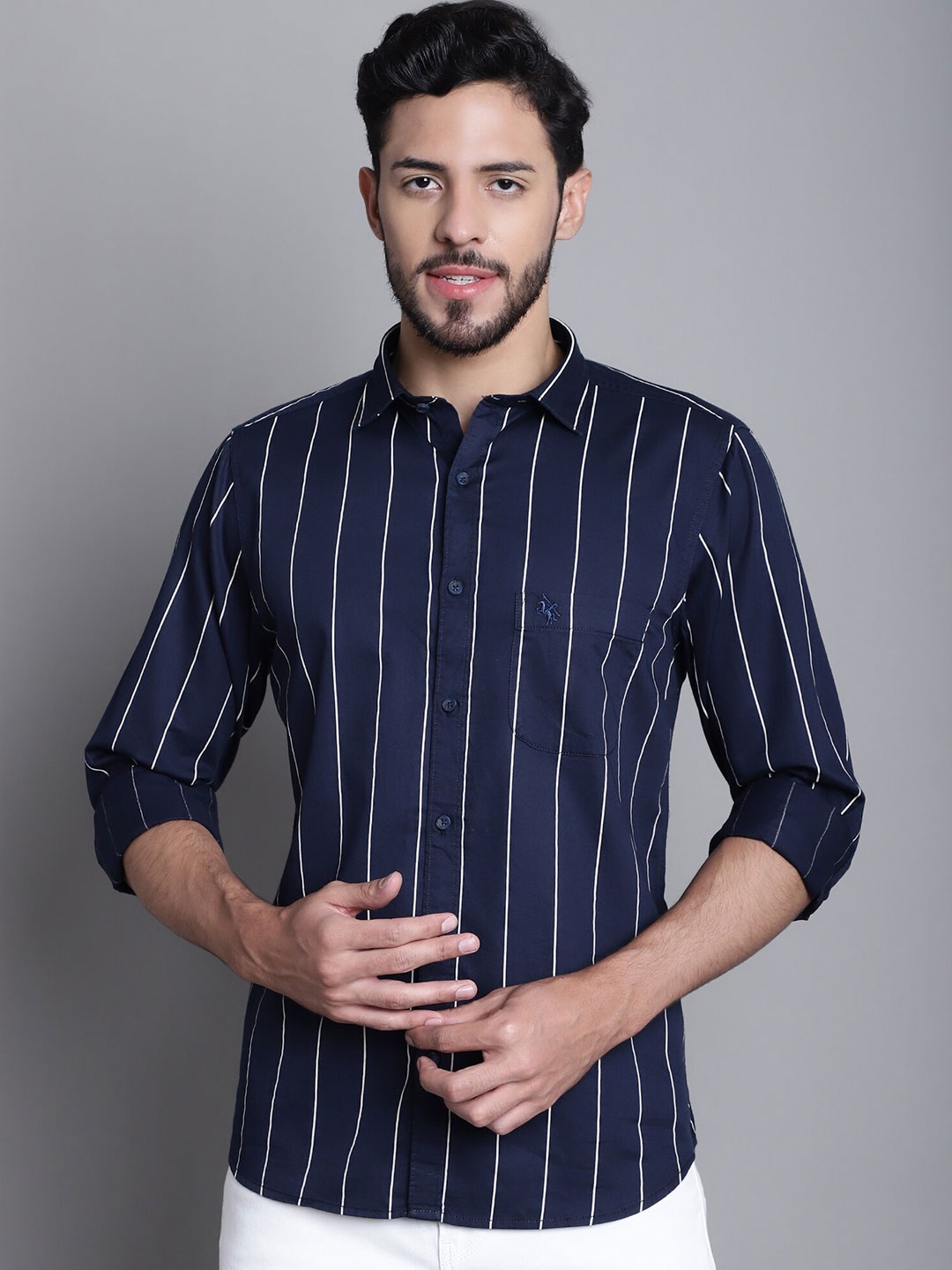 

Cantabil Striped Comfort Regular Fit Cotton Casual Shirt, Navy blue