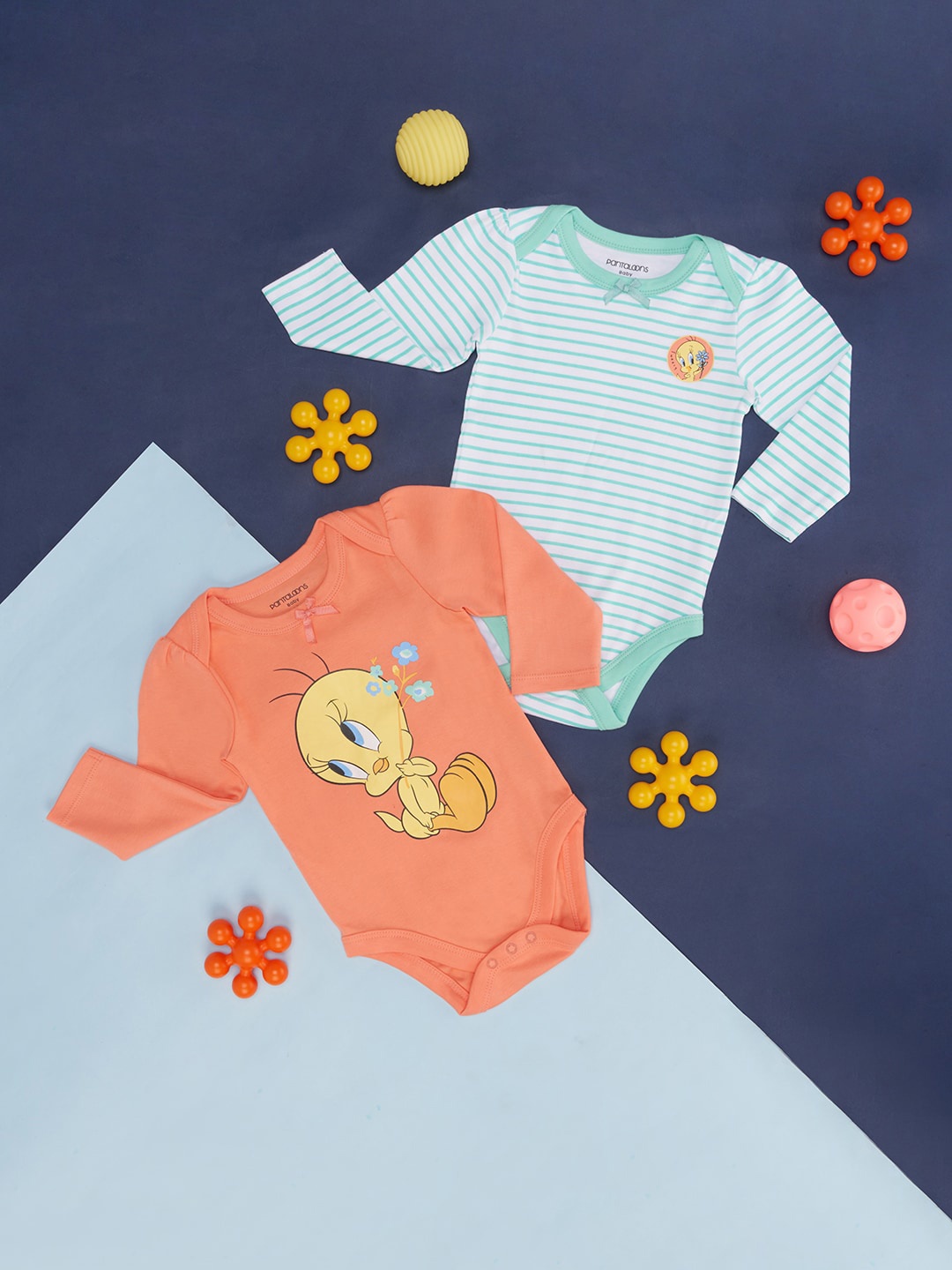 

Pantaloons Baby Infant Girls Pack Of 2 Printed Cotton Bodysuits, Blue