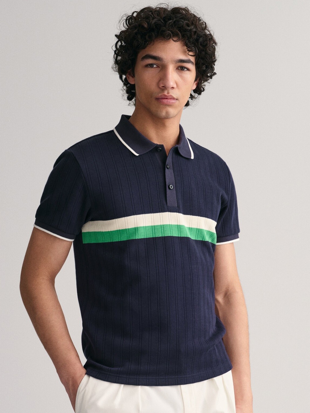 

GANT Striped Polo Collar Knitted T-shirt, Navy blue