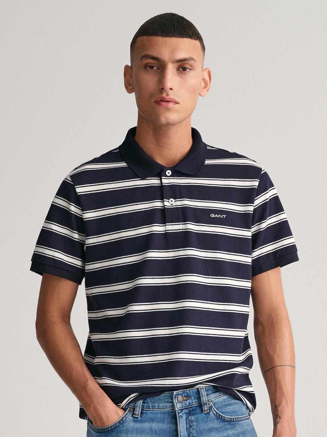 

GANT Striped Polo Collar Knitted T-shirt, Navy blue
