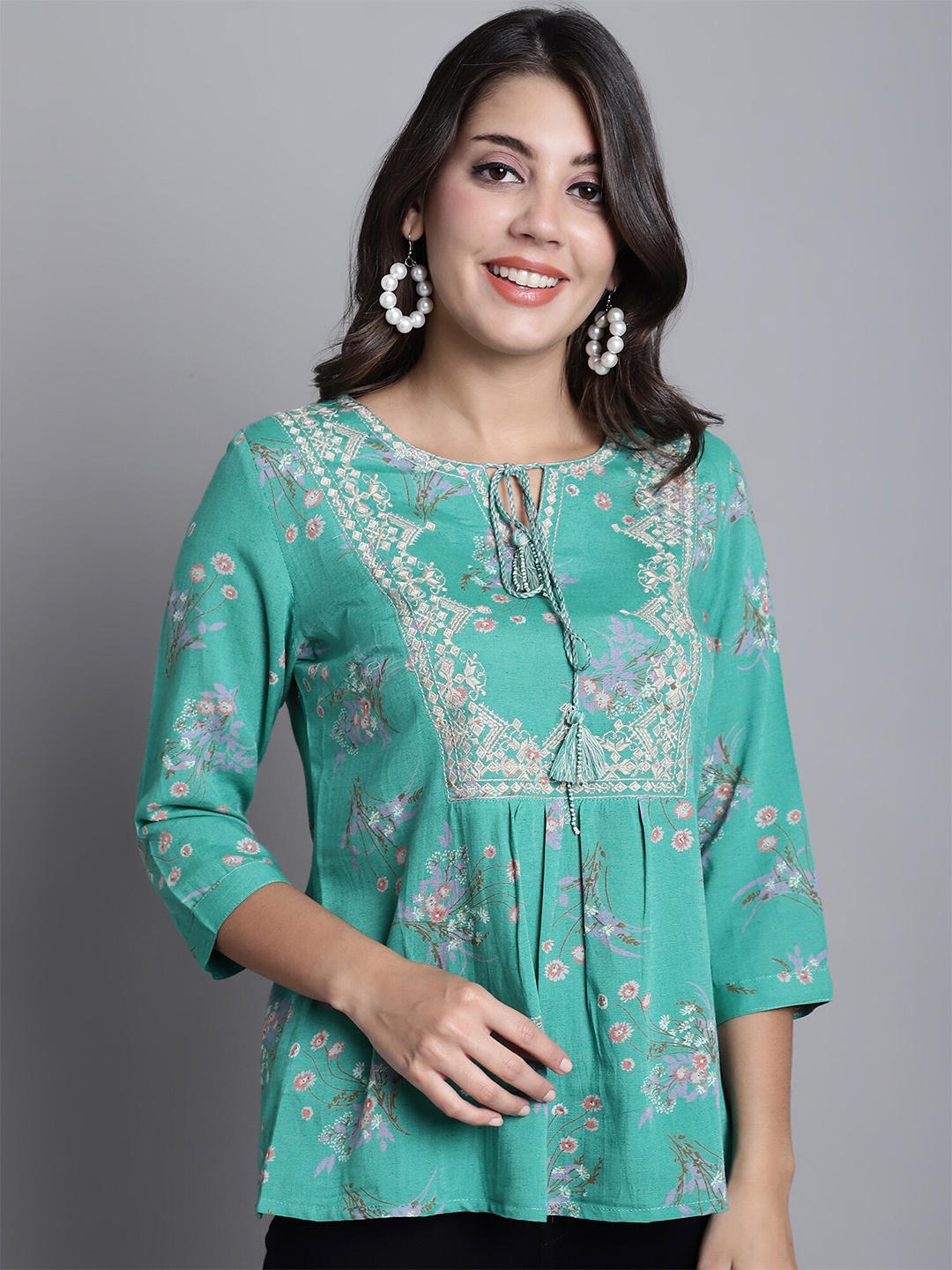 

Cantabil Floral Printed Embroidered Tie Up Neck Tunic, Green