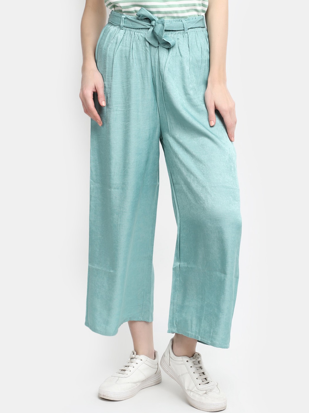 

V-Mart Women Pleated Cropped Cotton Parallel Trousers, Green