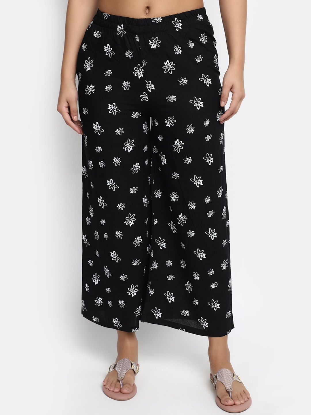 

V-Mart Women Floral Printed Wide Leg Palazzos, Black