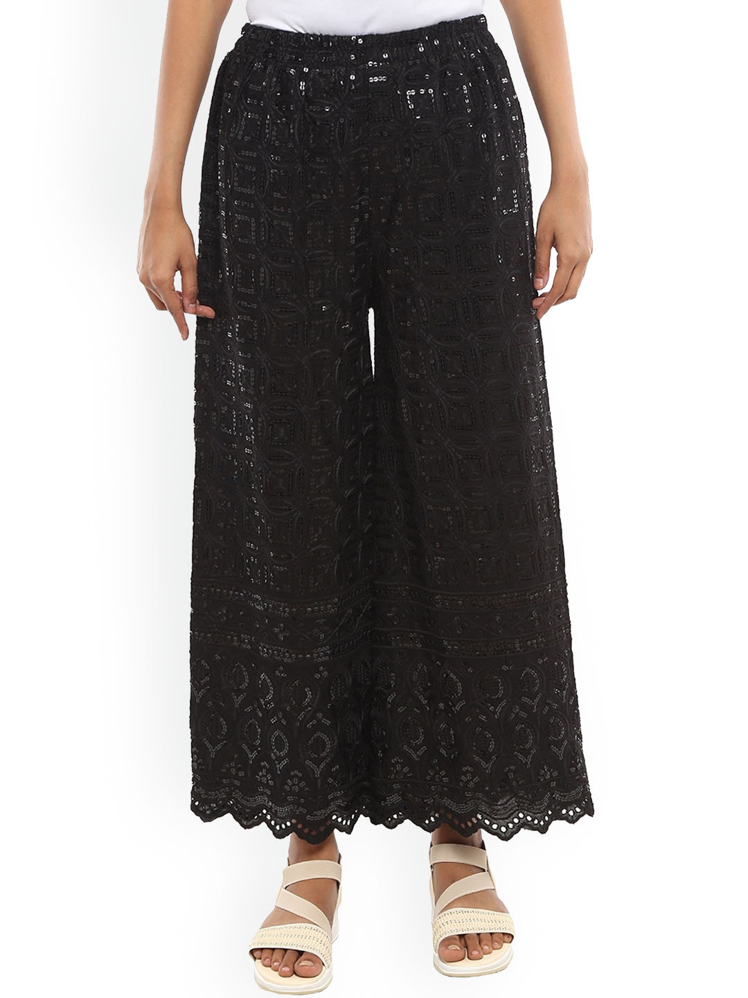 

V-Mart Embroidered Sequined Straight Fit Palazzo, Black
