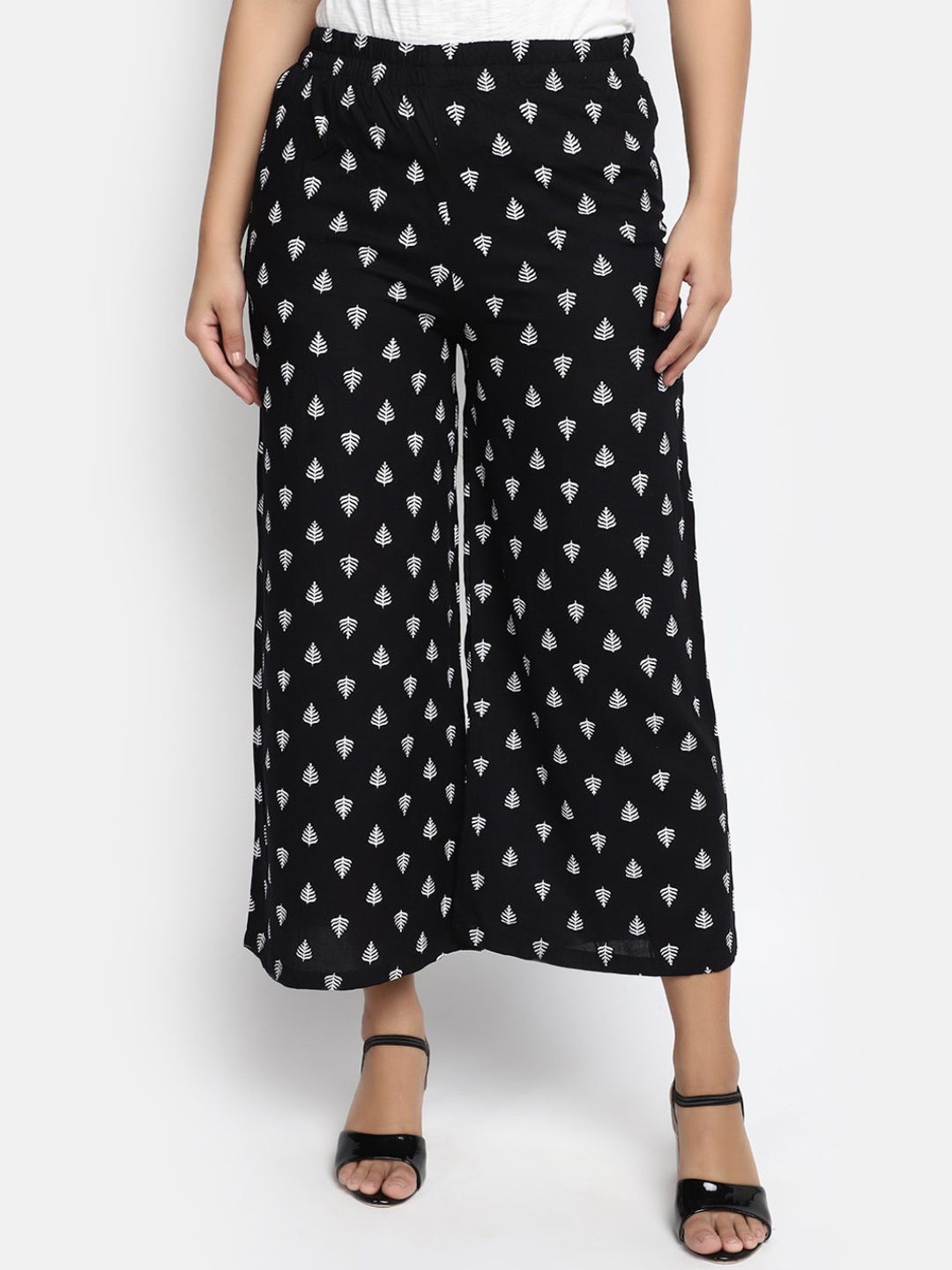 

V-Mart Straight Fit Floral Printed Mid-Rise Palazzos, Black